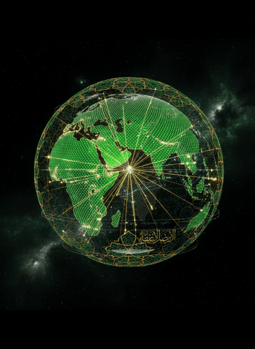 High-tech digital globe with green illuminated continents and golden lines showcasing global connectivity.